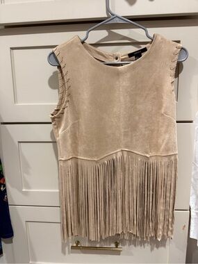 Forever 21 Beige Suede-Look Fringe western Top